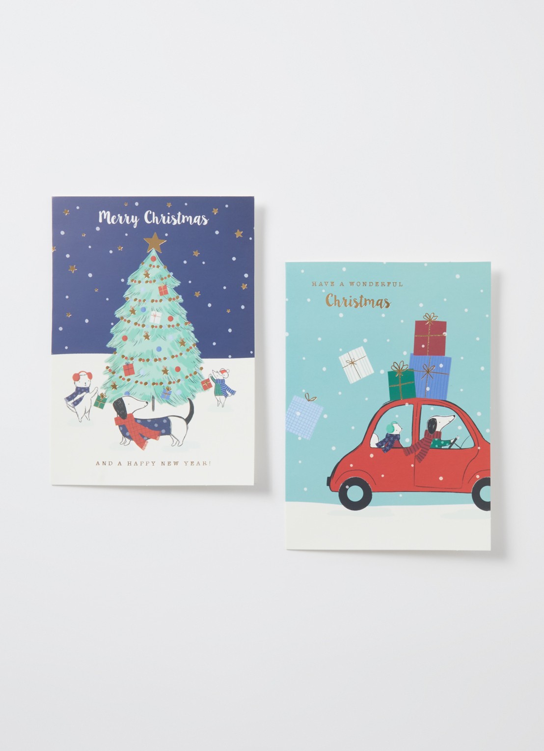 Art Group Dieren bij kerstboom en auto kerstkaart - 2 designs - set van 10 inclusief enveloppen - voorkant 2 rood