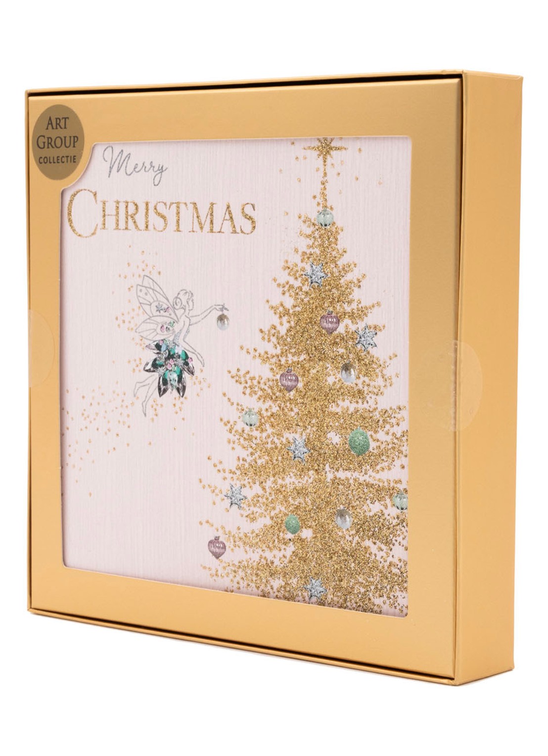Art Group Fee bij gouden glitter kerstboom kerstkaart - 1 design - set van 8 inclusief enveloppen - achterkant wit