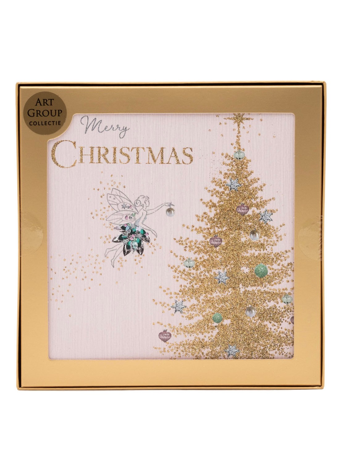 Art Group Fee bij gouden glitter kerstboom kerstkaart - 1 design - set van 8 inclusief enveloppen - voorkant 2 wit