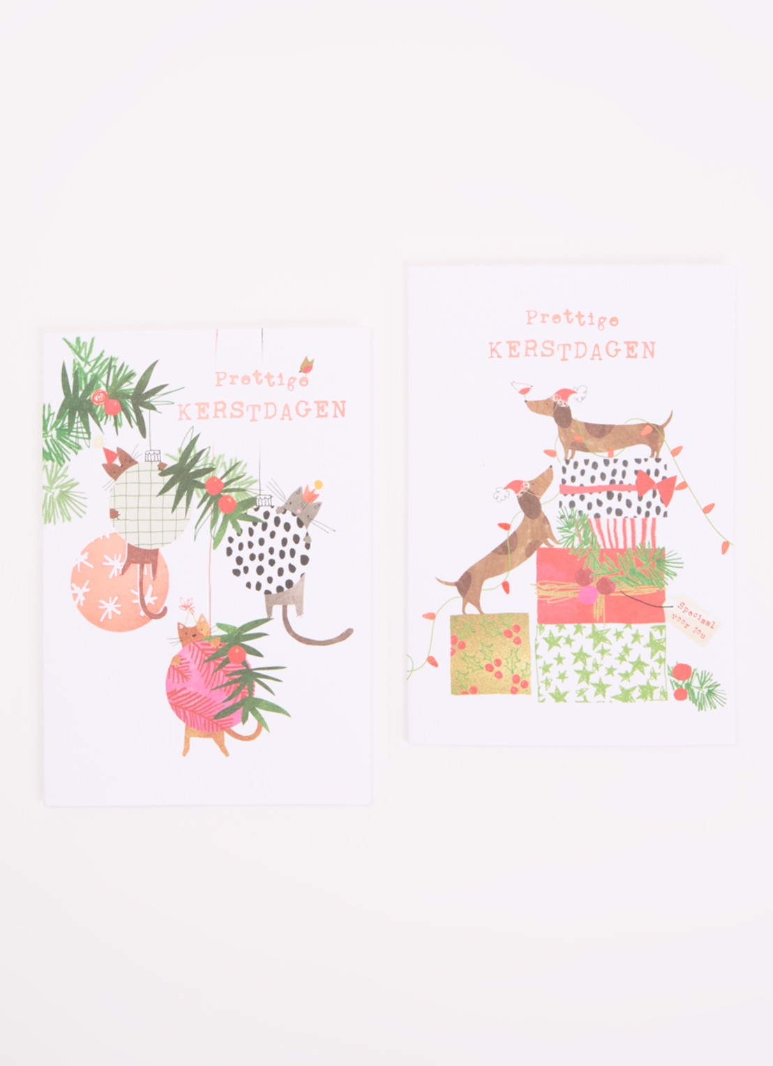 Art Group Kat en Teckel kerstkaar - 2 dessins - set van 10 kaarten inclusief enveloppen - voorkant 2 multicolor