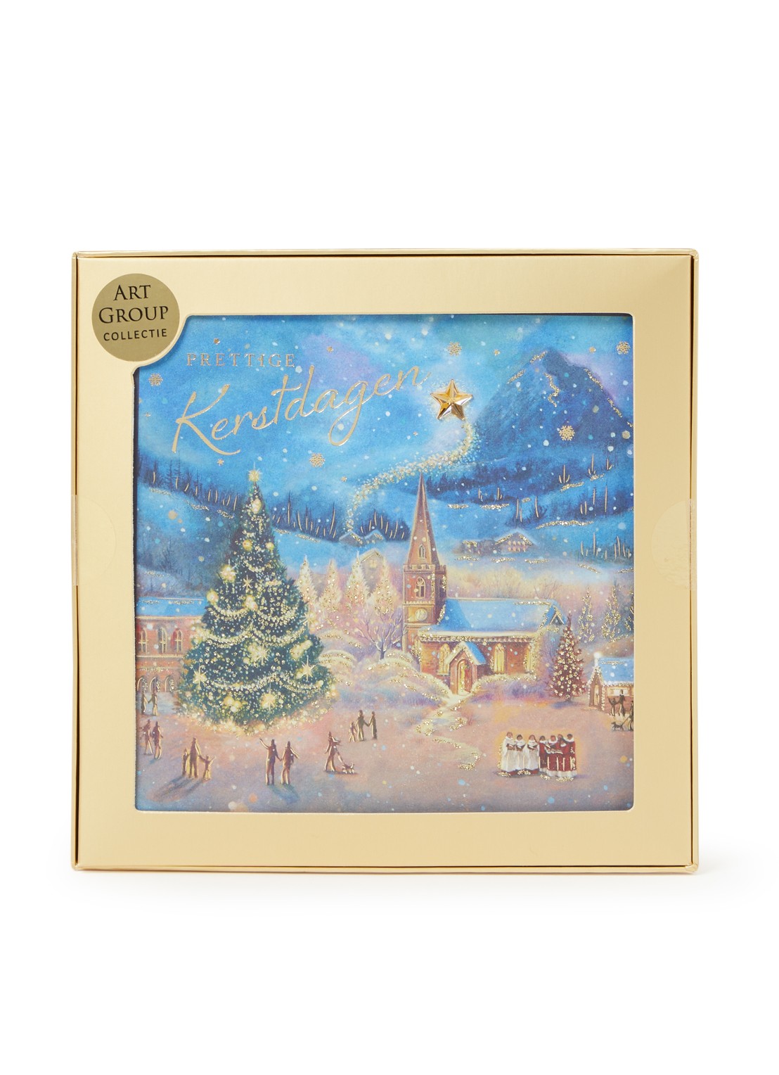Art Group Kerk in besneeuwd landschap kerstkaart - 1 design - set van 8 inclusief enveloppen - voorkant donkerblauw