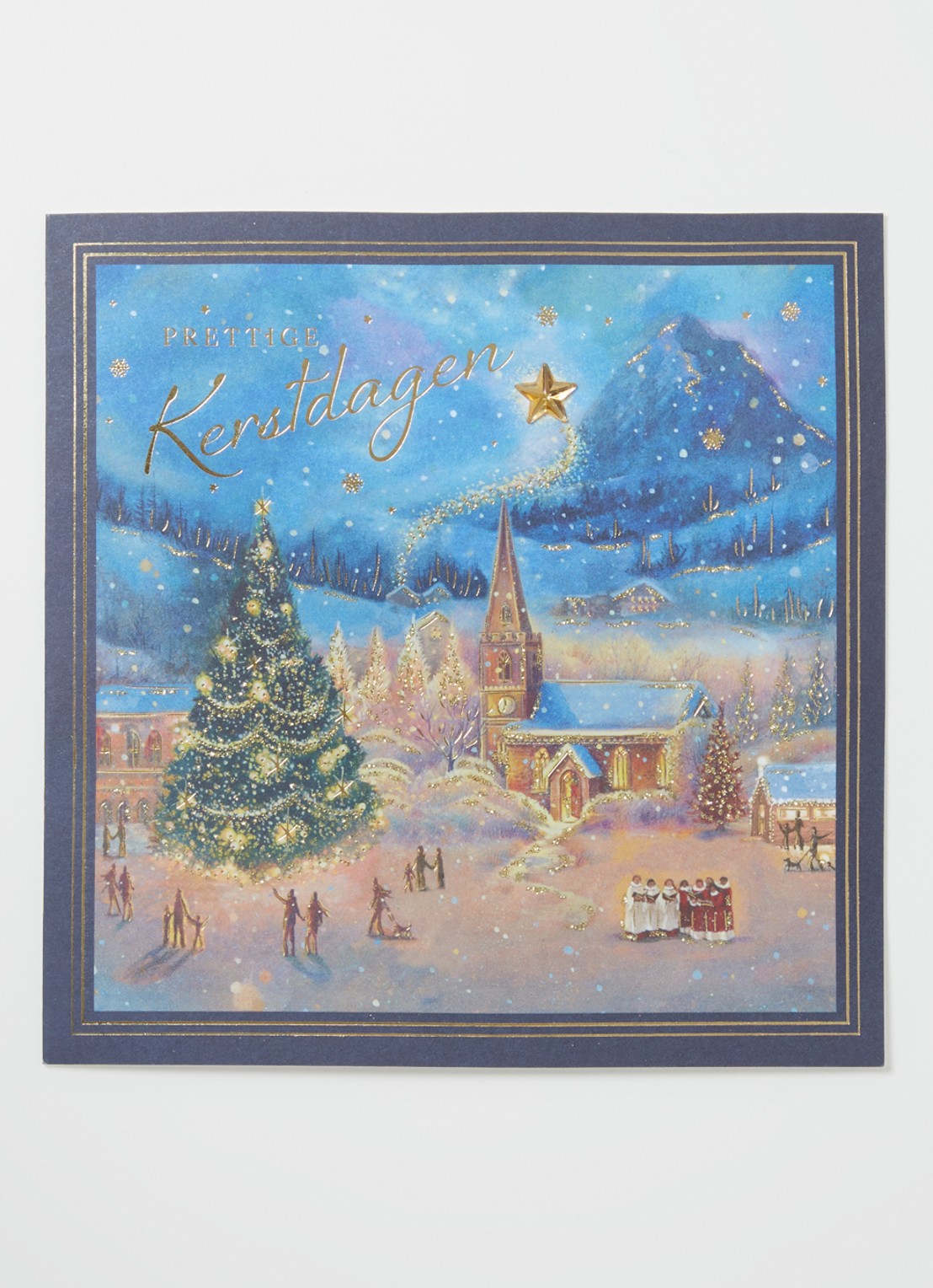 Art Group Kerk in besneeuwd landschap kerstkaart - 1 design - set van 8 inclusief enveloppen - voorkant 2 donkerblauw