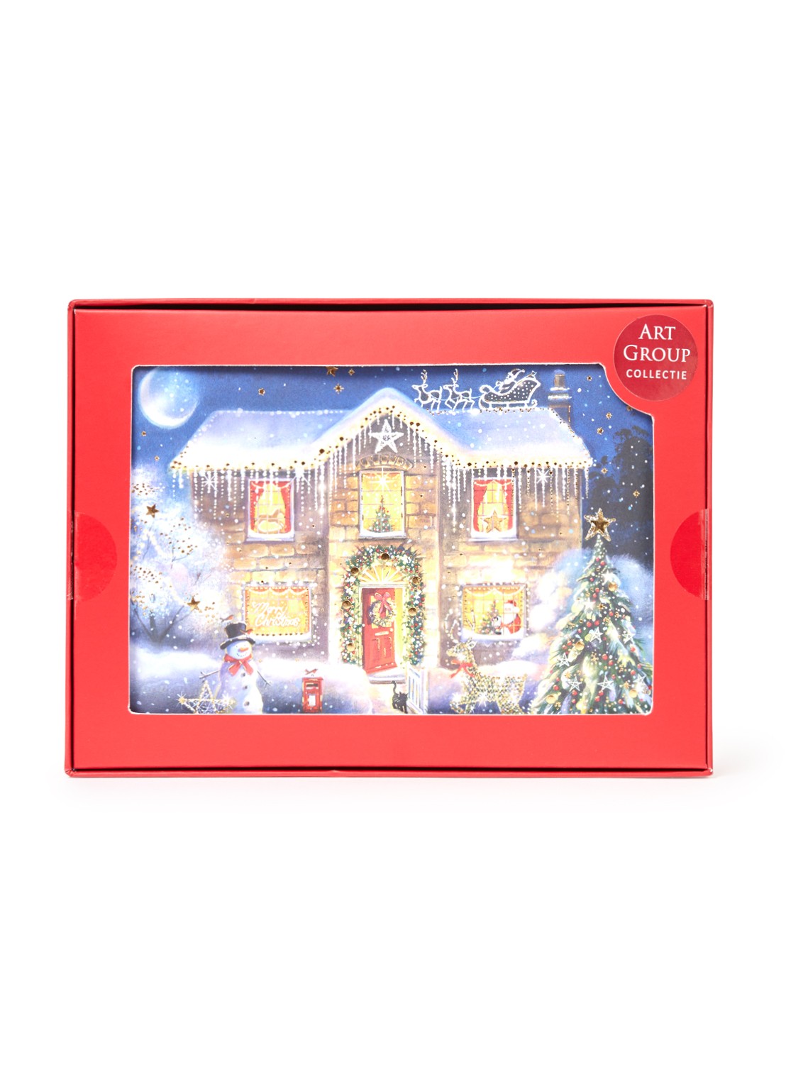 Art Group Kerst huis - 1 design - luxe kerstkaart met envelop - set van 8 - voorkant donkerblauw