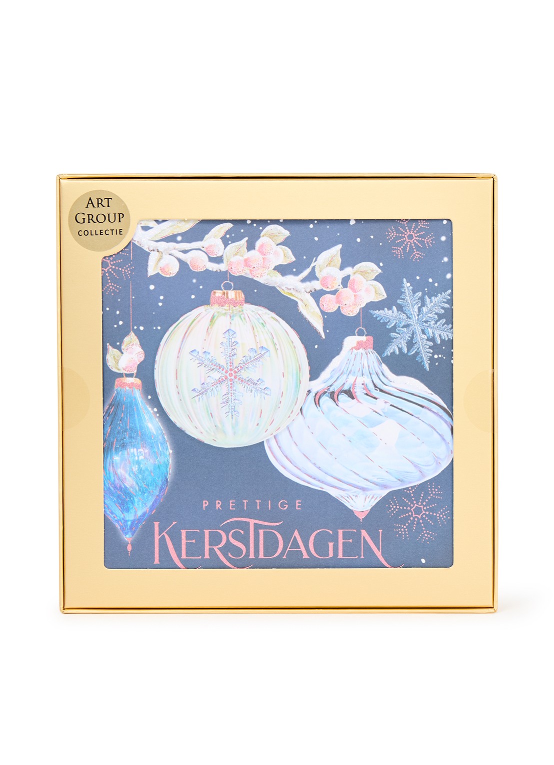 Art Group Kerstballen met glitter - 1 design - luxe kerstkaart met envelop - set van 8 - voorkant donkerblauw