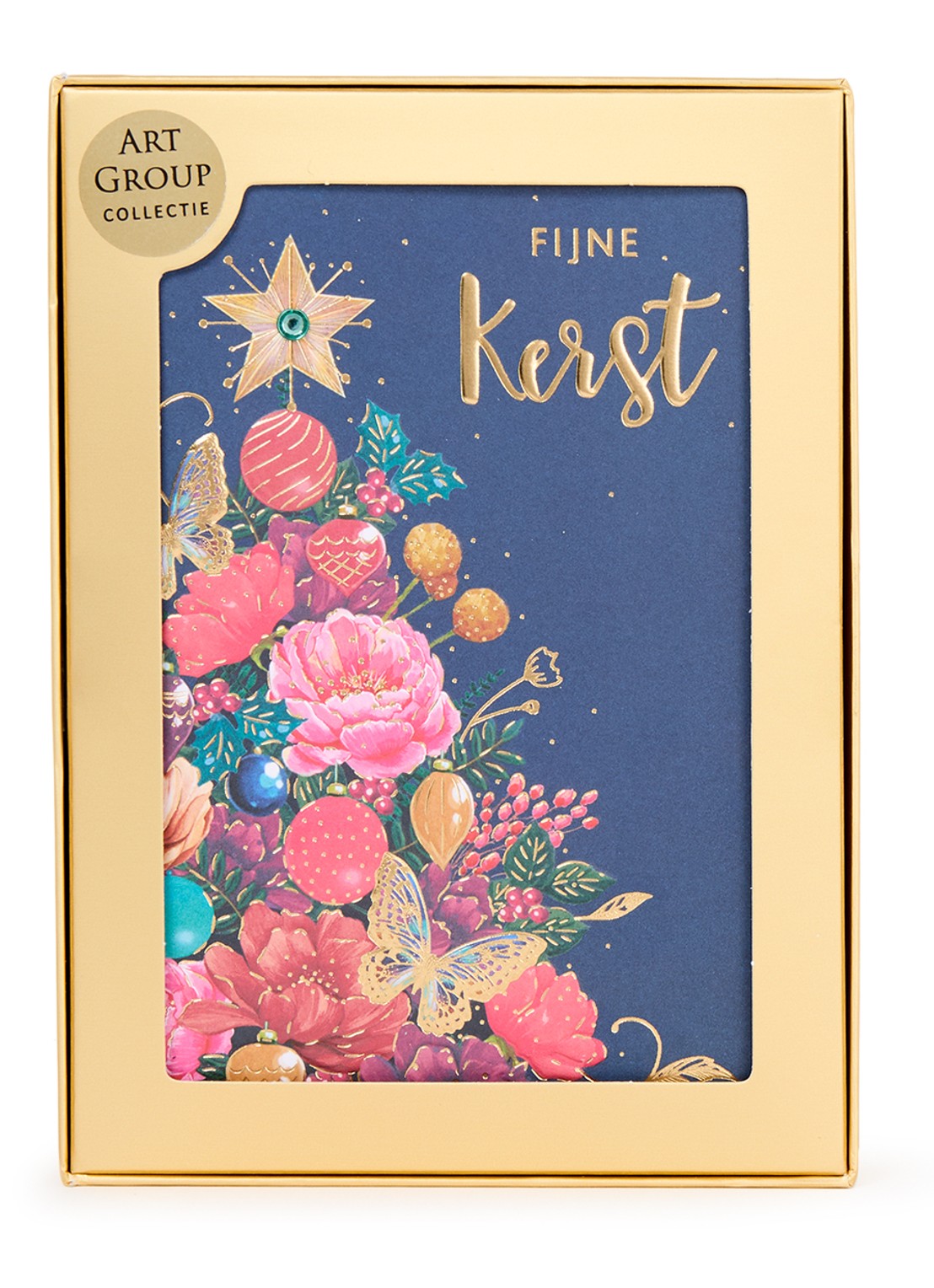 Art Group Kerstboom met vlinders - 1 design - luxe kerstkaart met envelop - set van 8 - voorkant donkerblauw