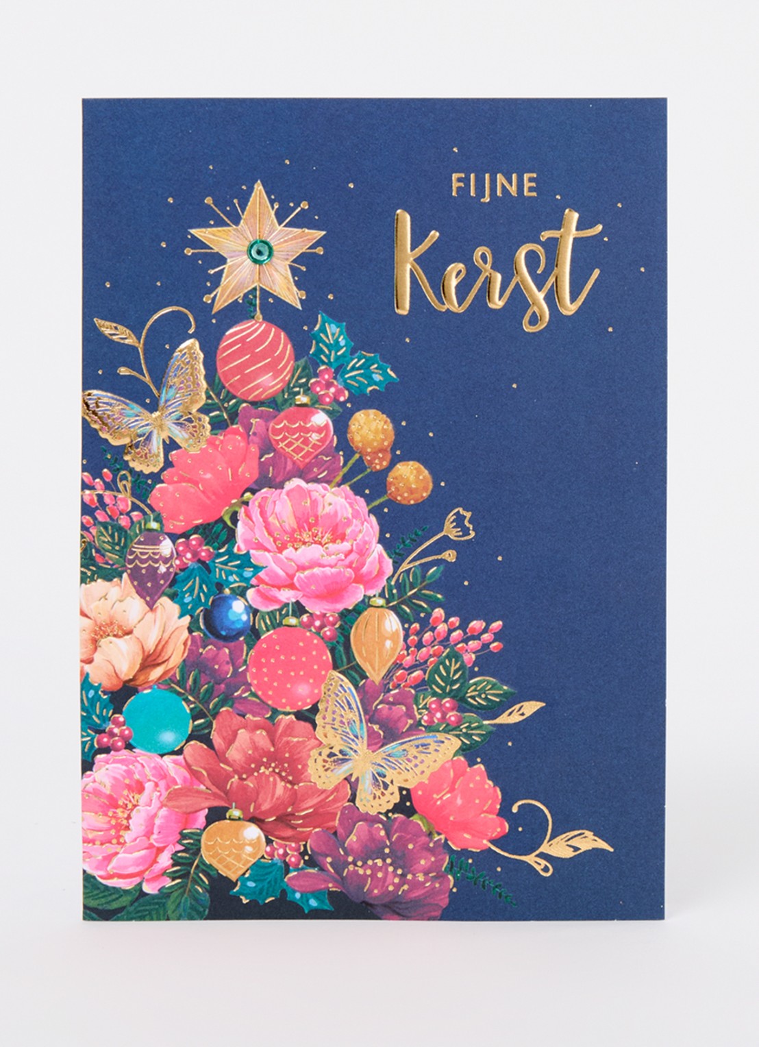 Art Group Kerstboom met vlinders - 1 design - luxe kerstkaart met envelop - set van 8 - voorkant 2 donkerblauw