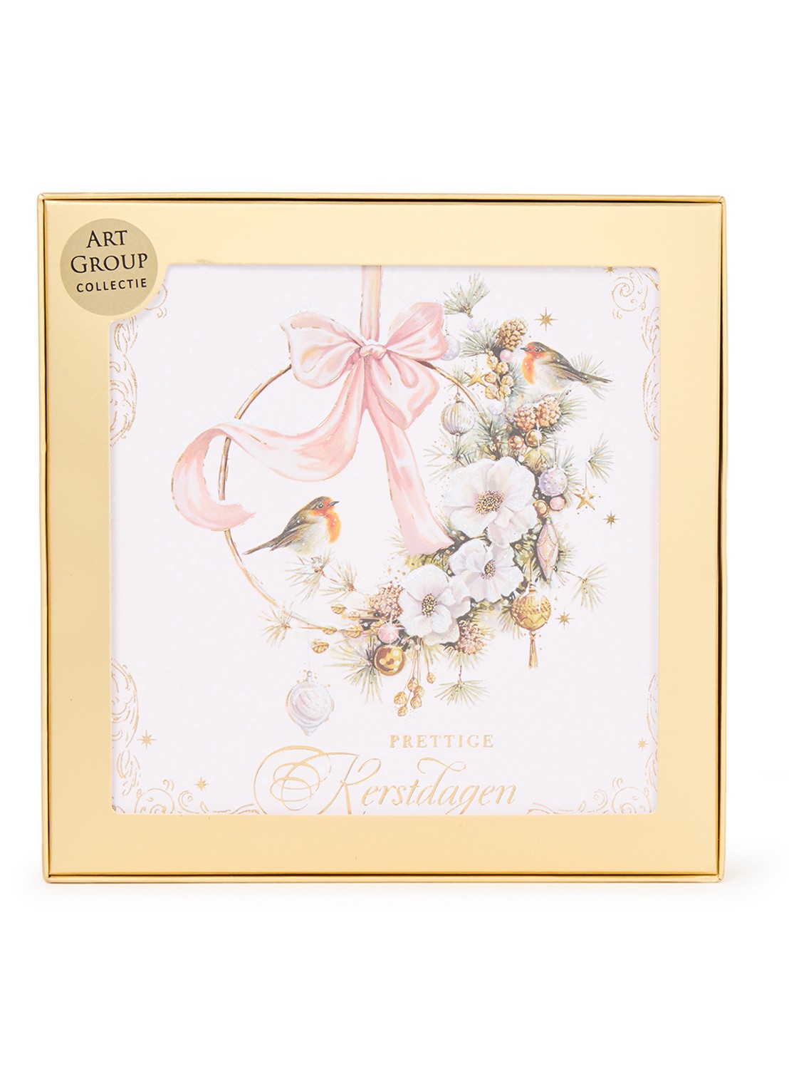 Art Group Kerstkrans met roodborstjes - 1 design - luxe kerstkaart met envelop - set van 8 - voorkant wit