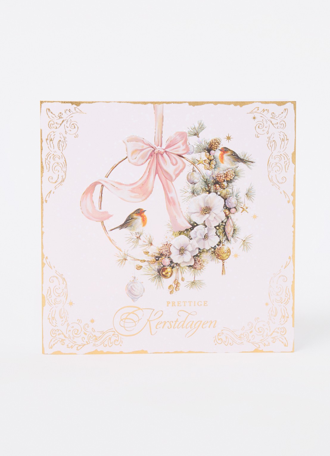 Art Group Kerstkrans met roodborstjes - 1 design - luxe kerstkaart met envelop - set van 8 - voorkant 2 wit