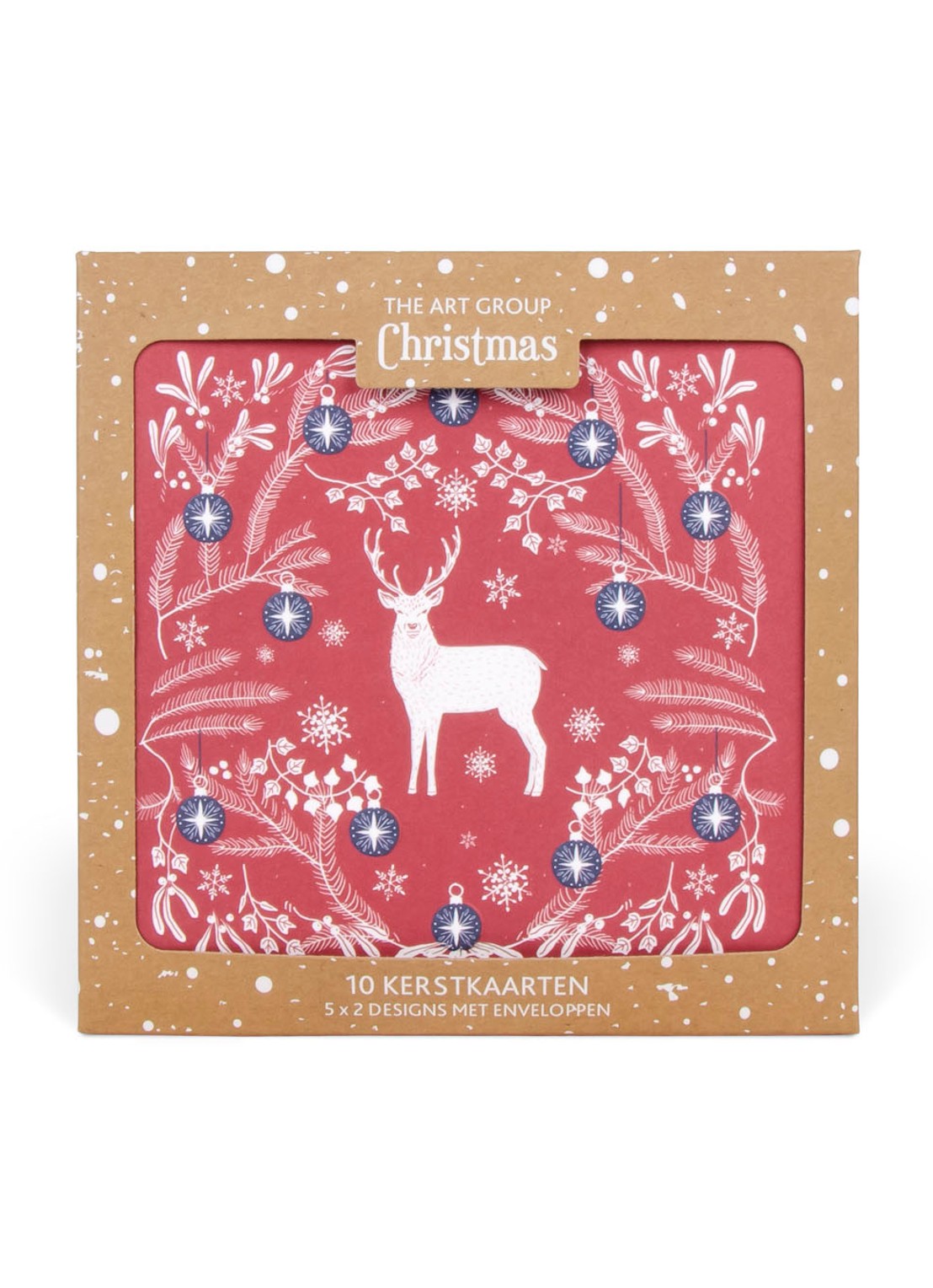Art Group Square Hert/Duif in kersttakken - 2 designs - Kerstkaart met envelop set van 10 - voorkant 2 steenrood