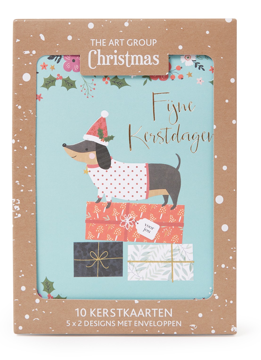 Art Group Teckel - 2 designs - kerstkaart met envelop - set van 10 - voorkant blauw