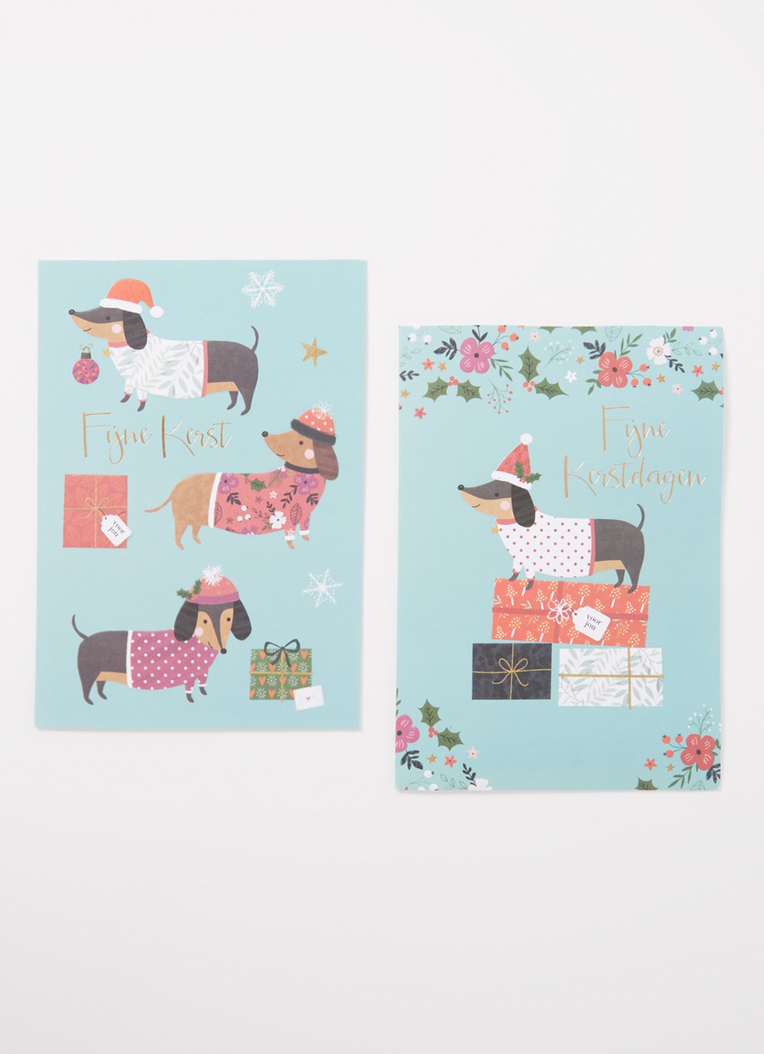 Art Group Teckel - 2 designs - kerstkaart met envelop - set van 10 - voorkant 2 blauw
