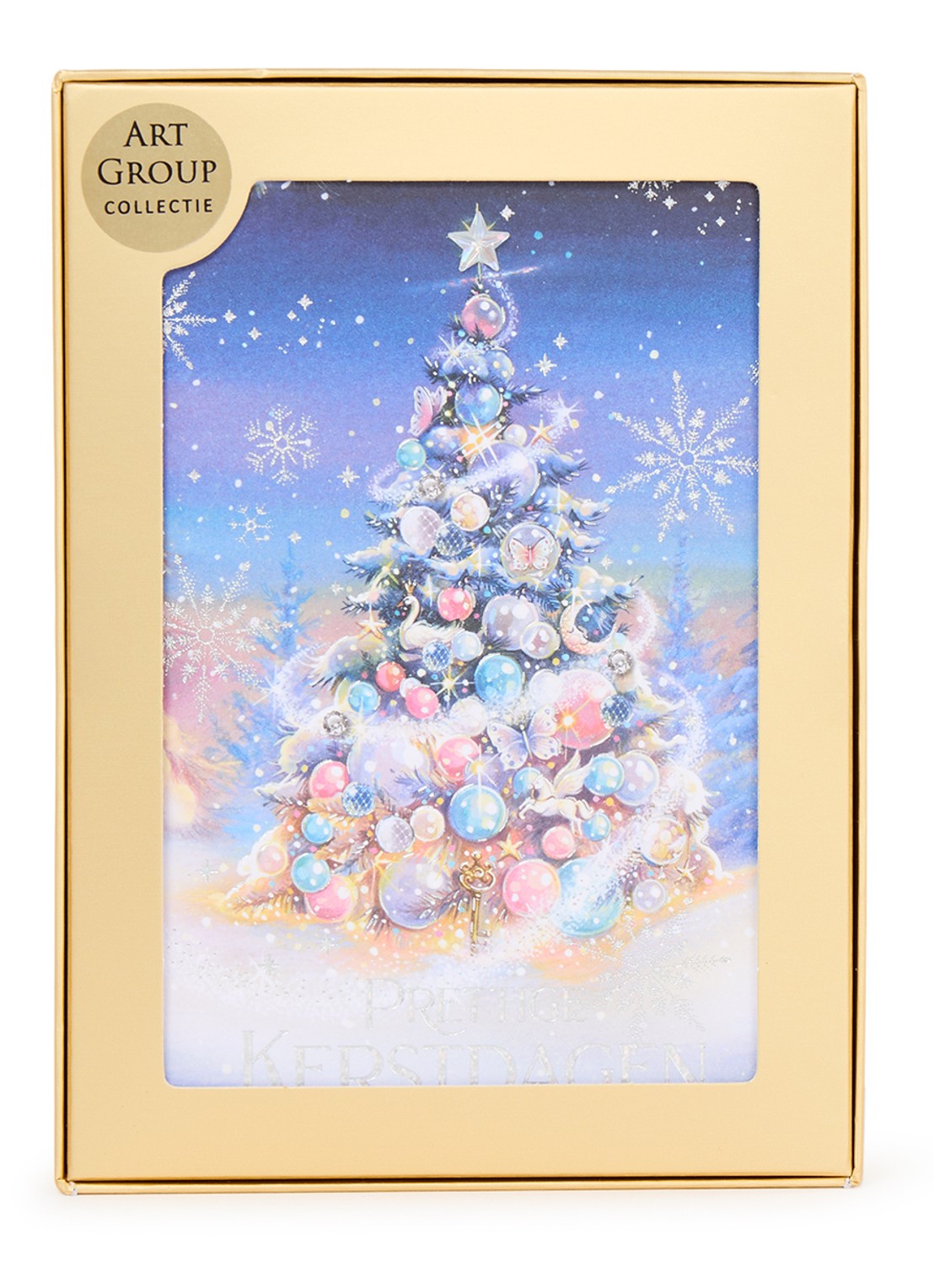 Art Group Versierde kerstboom  - 1 design - luxe kerstkaart met envelop - set van 8 - voorkant donkerblauw