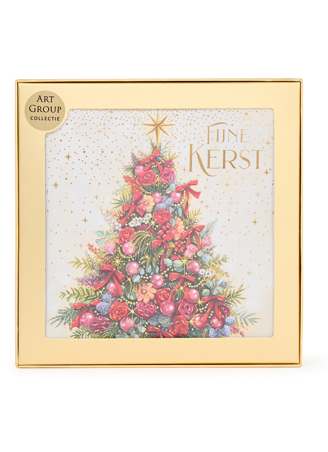 Art Group Versierde kerstboom - 1 design - luxe kerstkaart met envelop - set van 8 - voorkant rood