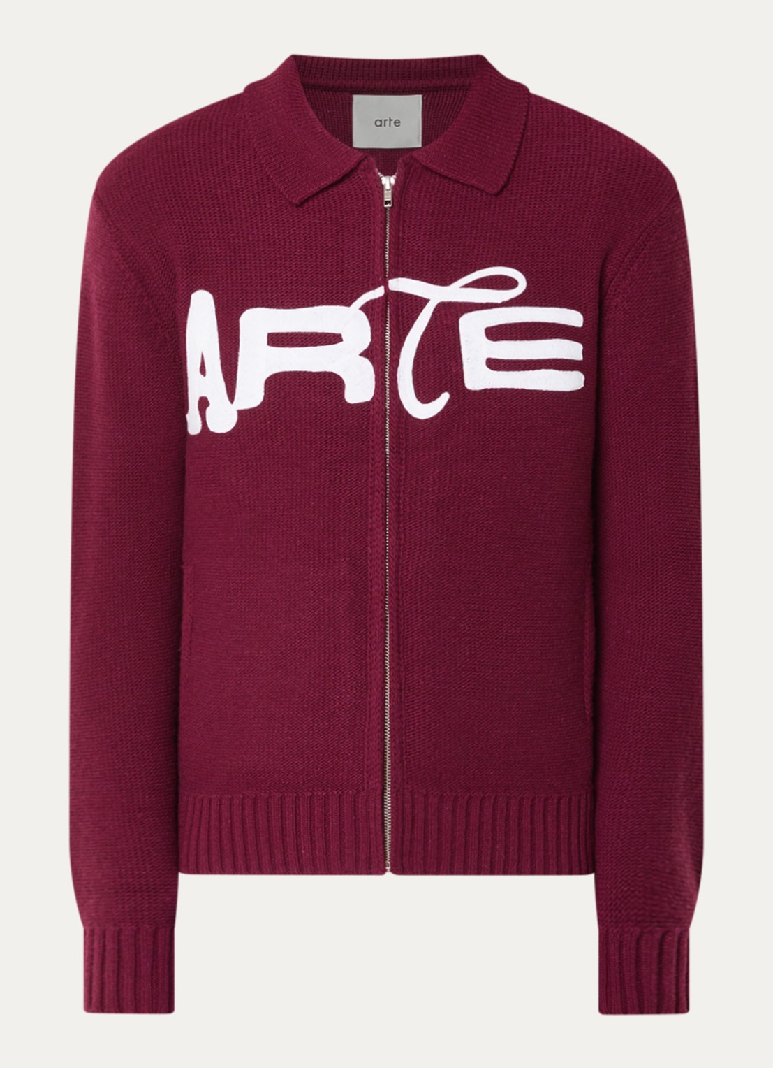 Arte Antwerp Energy grofgebreid vest met logoborduring - voorkant 2 bordeauxrood