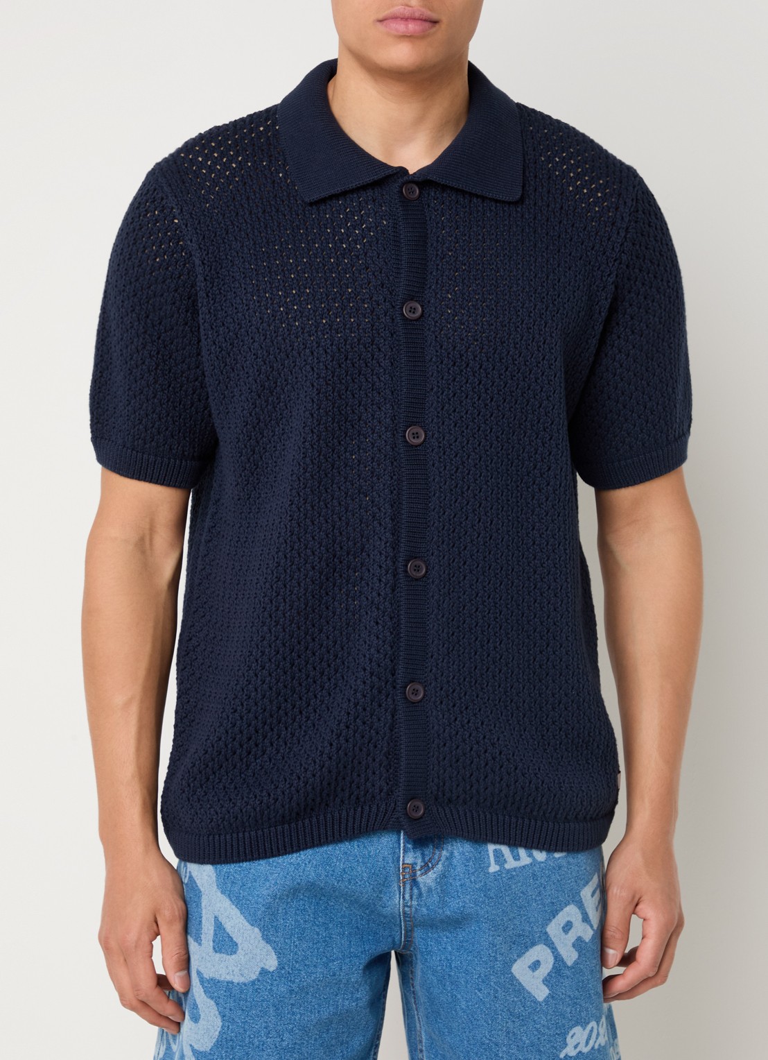 Arte Antwerp Grogebreid regular fit overhemd met opengewerkt dessin - detail 2 donkerblauw