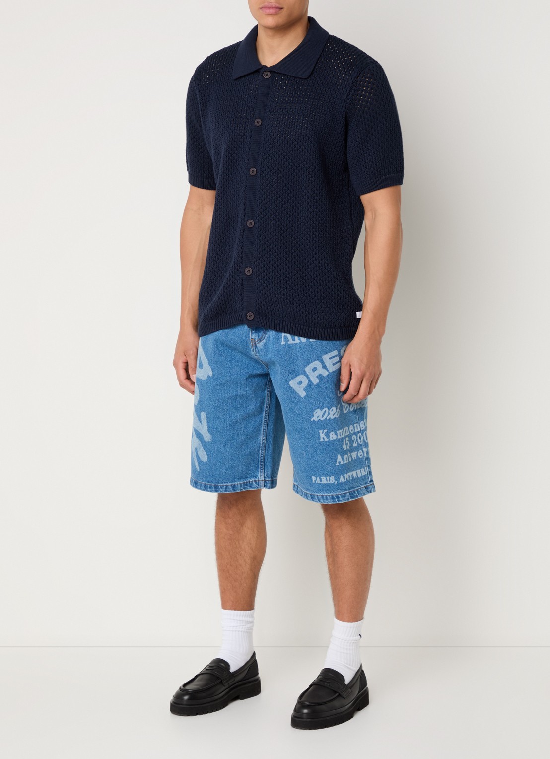 Arte Antwerp Grogebreid regular fit overhemd met opengewerkt dessin - voorkant 5 donkerblauw