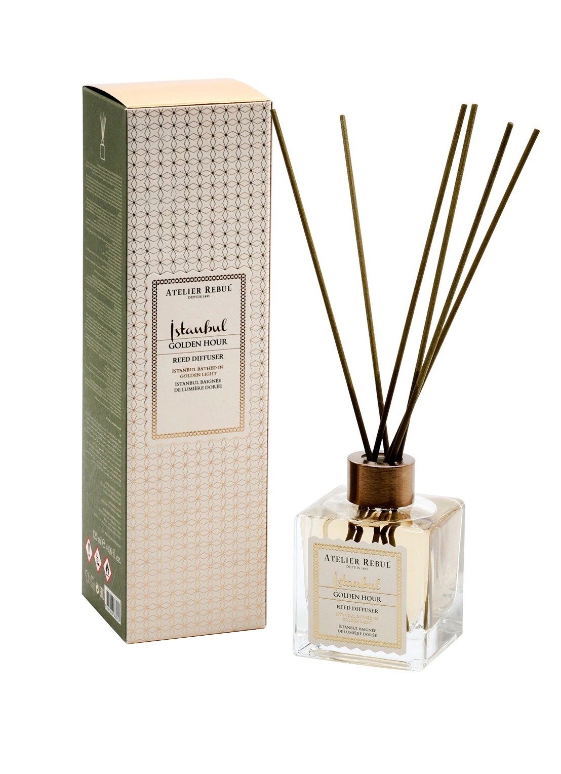 Atelier Rebul Istanbul Golden Hour geurstokjes 120 ml - voorkant vanillegeel