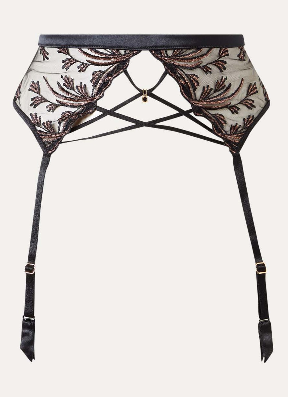 Aubade Cosmic Romance jarretels van mesh met lurexborduring - voorkant 2 zwart