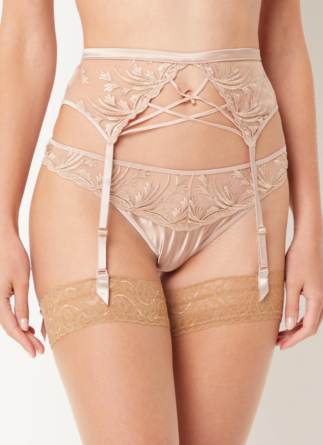 Aubade Cosmic Romance jarretels van mesh met lurexborduring - voorkant 2 oudroze