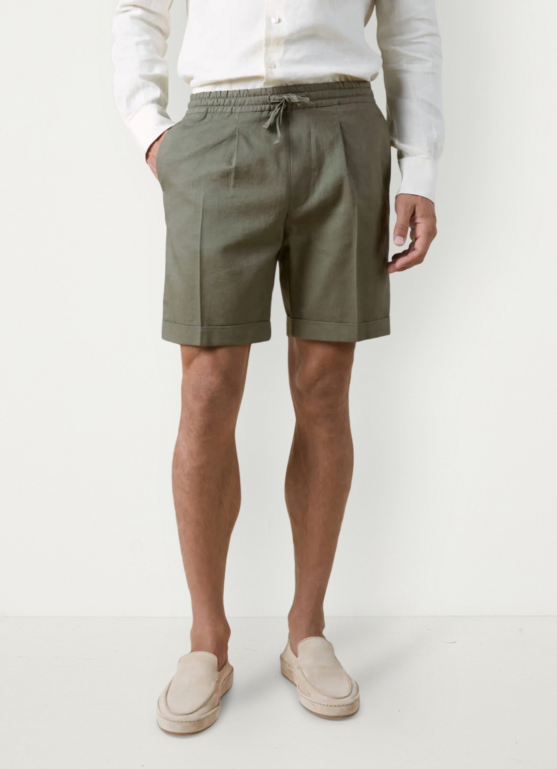 Aurélien Straight fit korte broek van linnen met steekzakken - detail 2 olive-300
