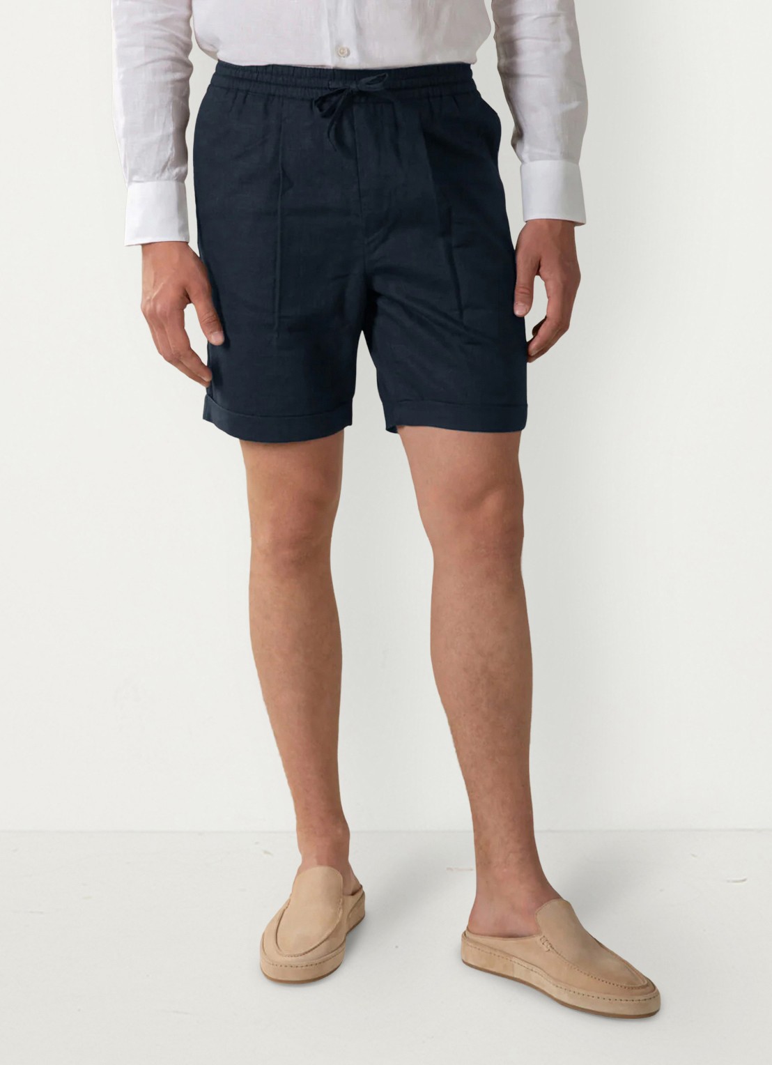 Aurélien Straight fit korte broek van linnen met steekzakken - detail 2 navy-410