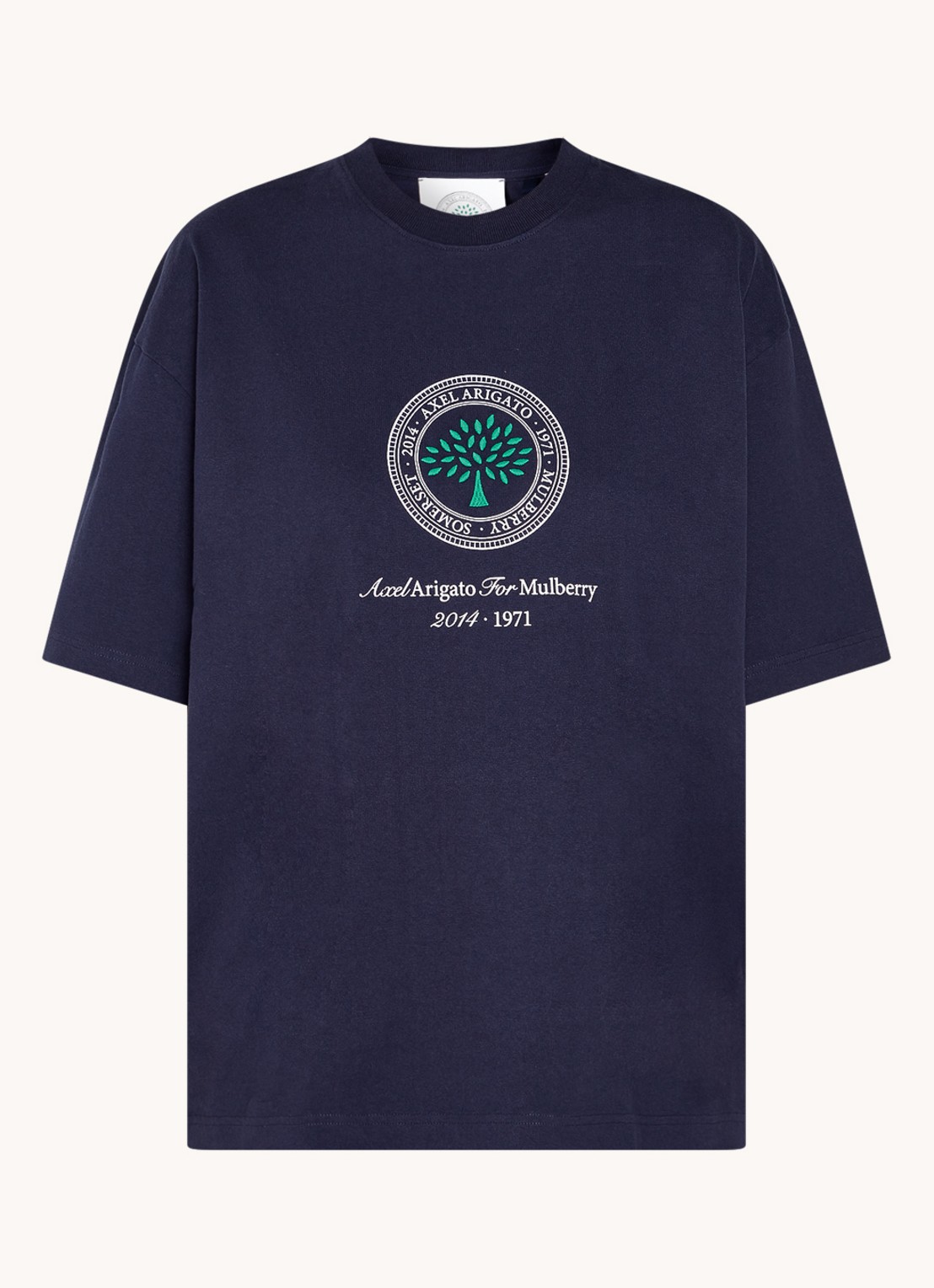 Axel Arigato AA x Mulberry Box Fit T-shirt met logo - unisex - voorkant donkerblauw