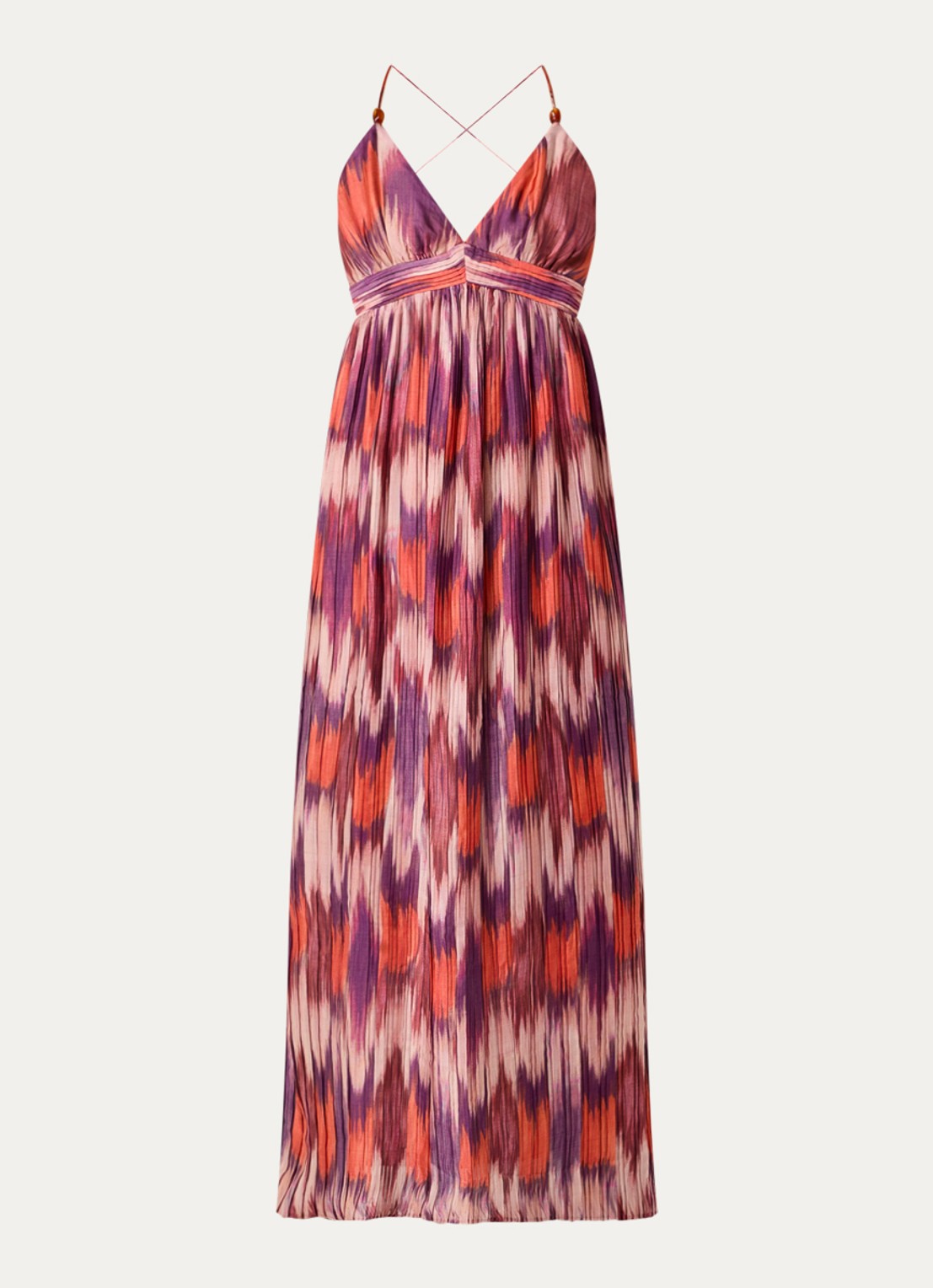 ba&sh Anaelle maxi jurk met plissé en print - voorkant oranjerood