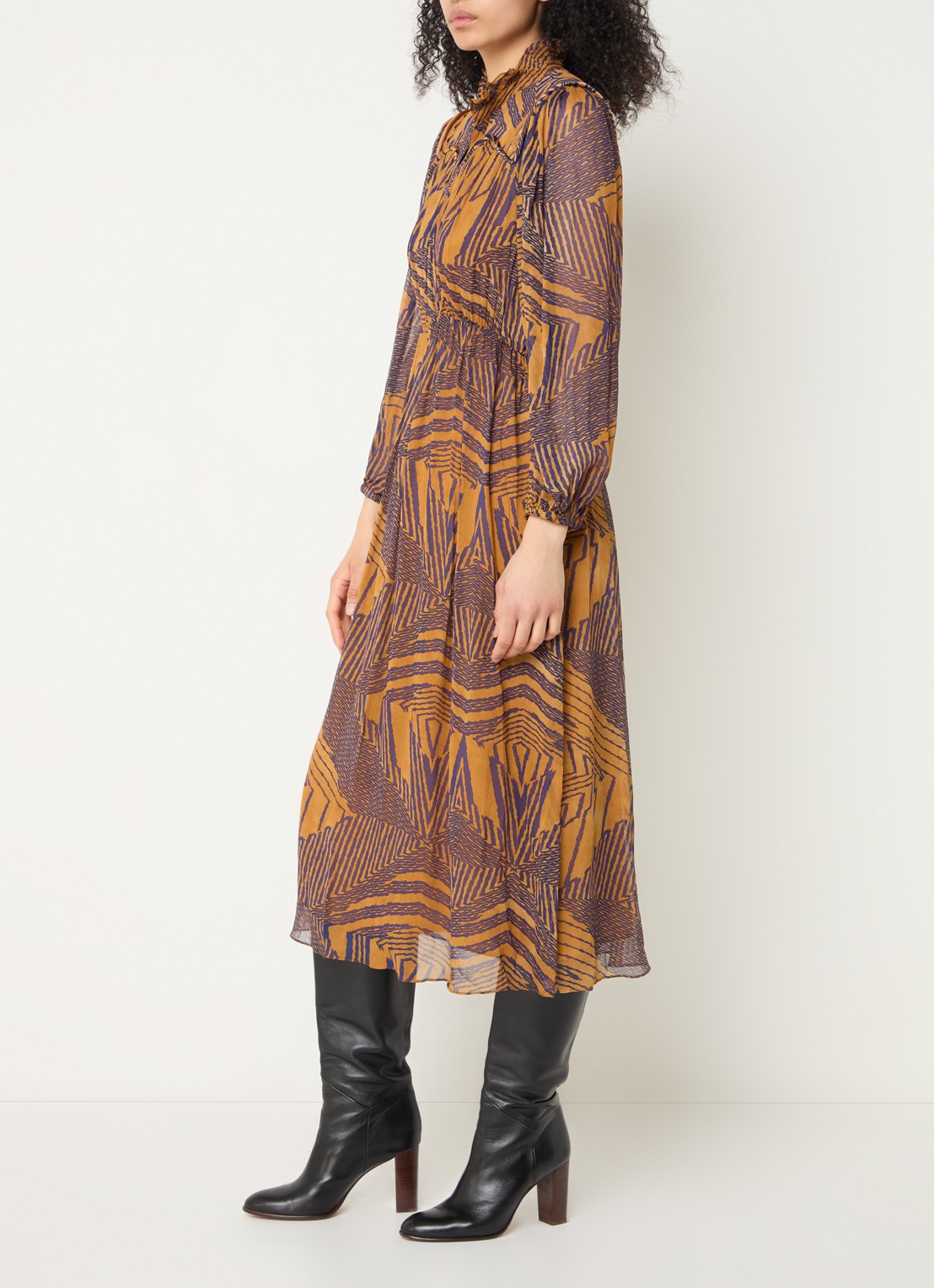 ba&sh Antal midi tuniek jurk met V-hals en print - voorkant 3 cognac