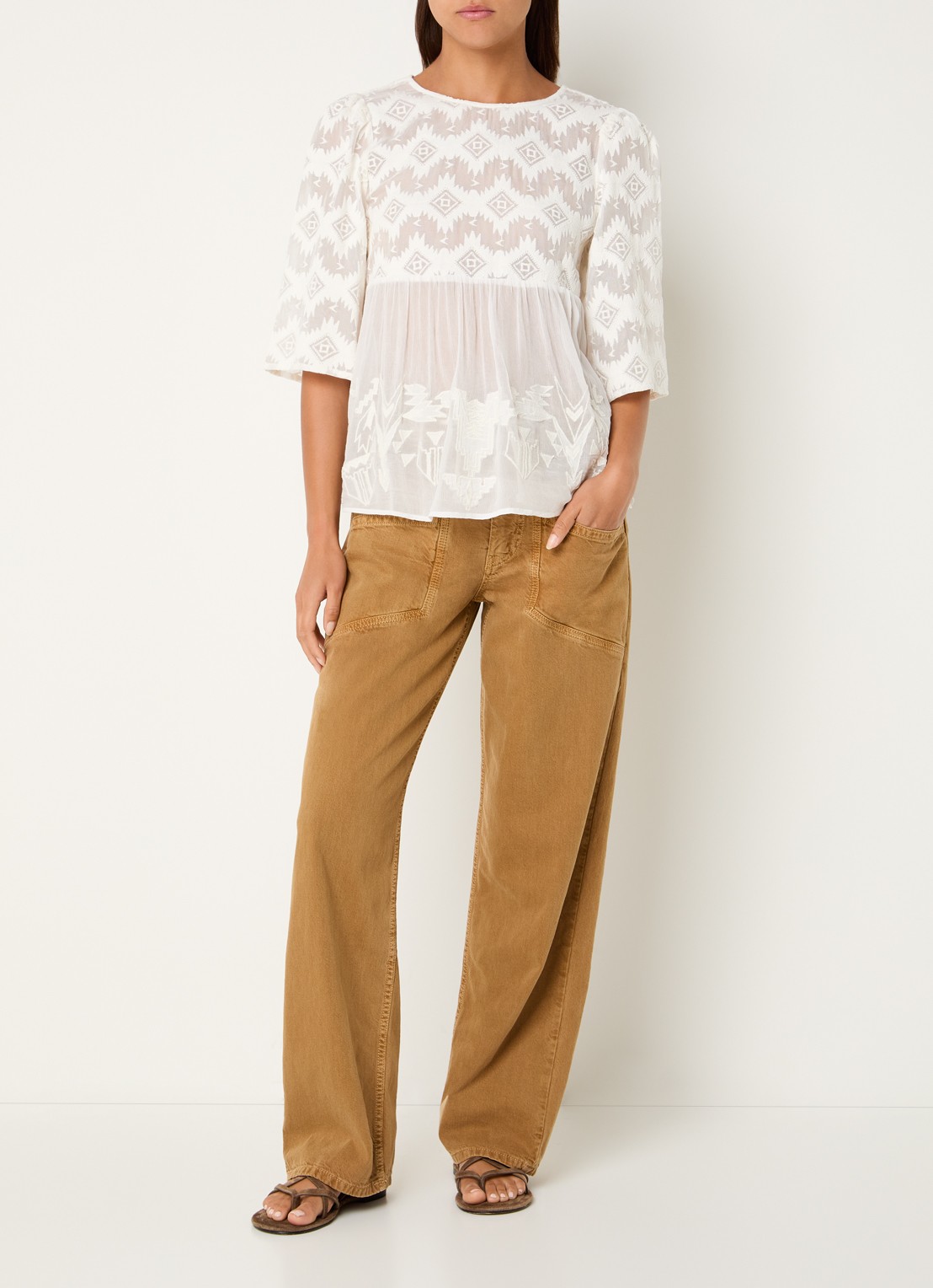 ba&sh Apollon blouse met borduring en pofmouw - voorkant 3 gebroken wit