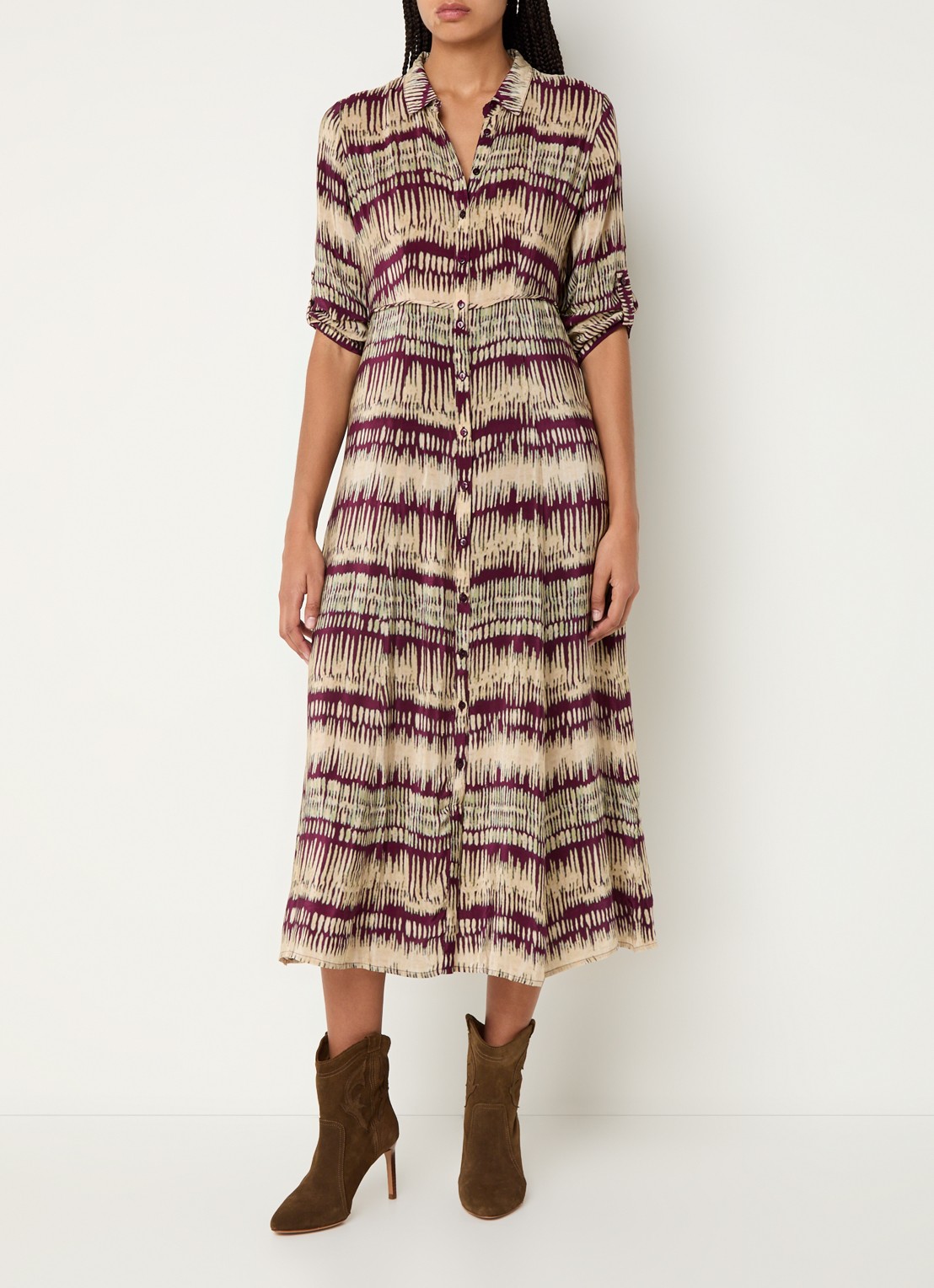 ba&sh Artemis midi blouse jurk met print - detail 4 aubergine