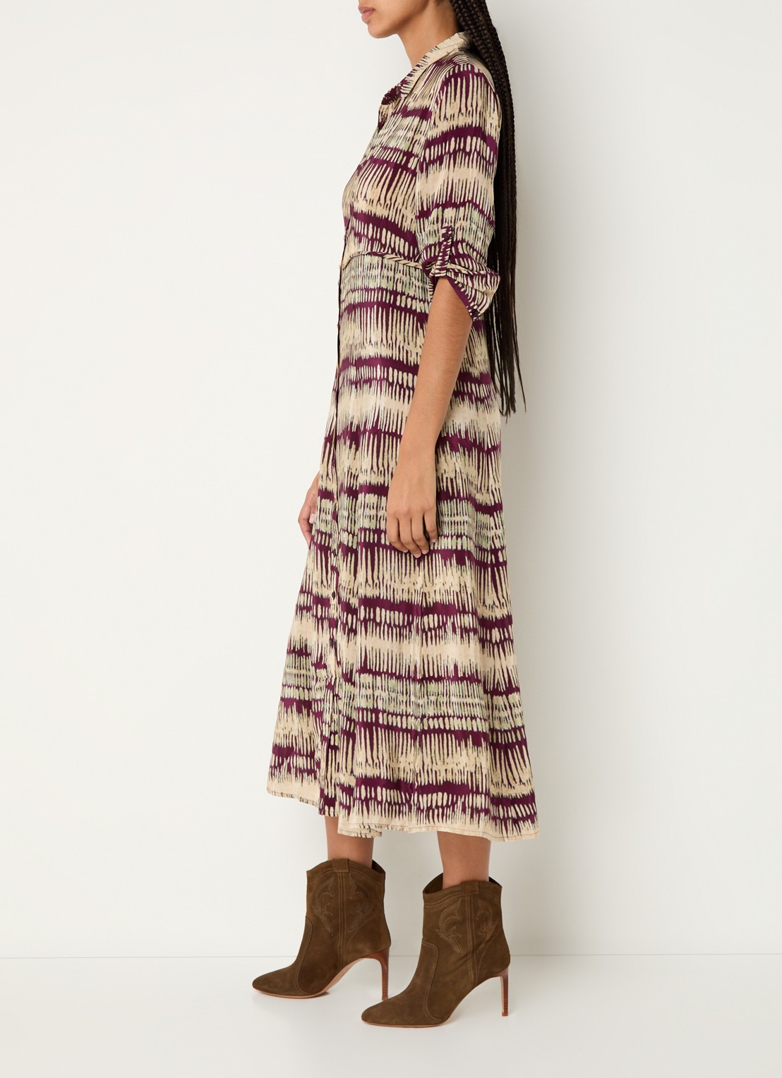 ba&sh Artemis midi blouse jurk met print - voorkant 3 aubergine
