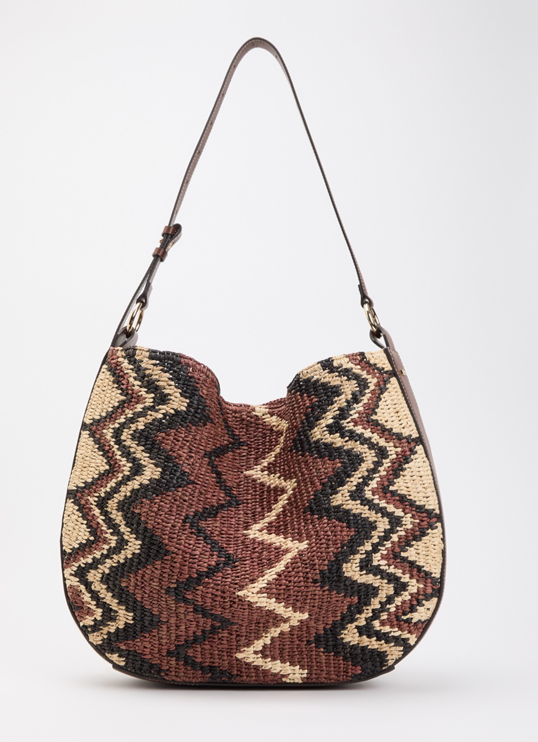 ba&sh Arya schoudertas van raffia met grafische print - voorkant roodbruin
