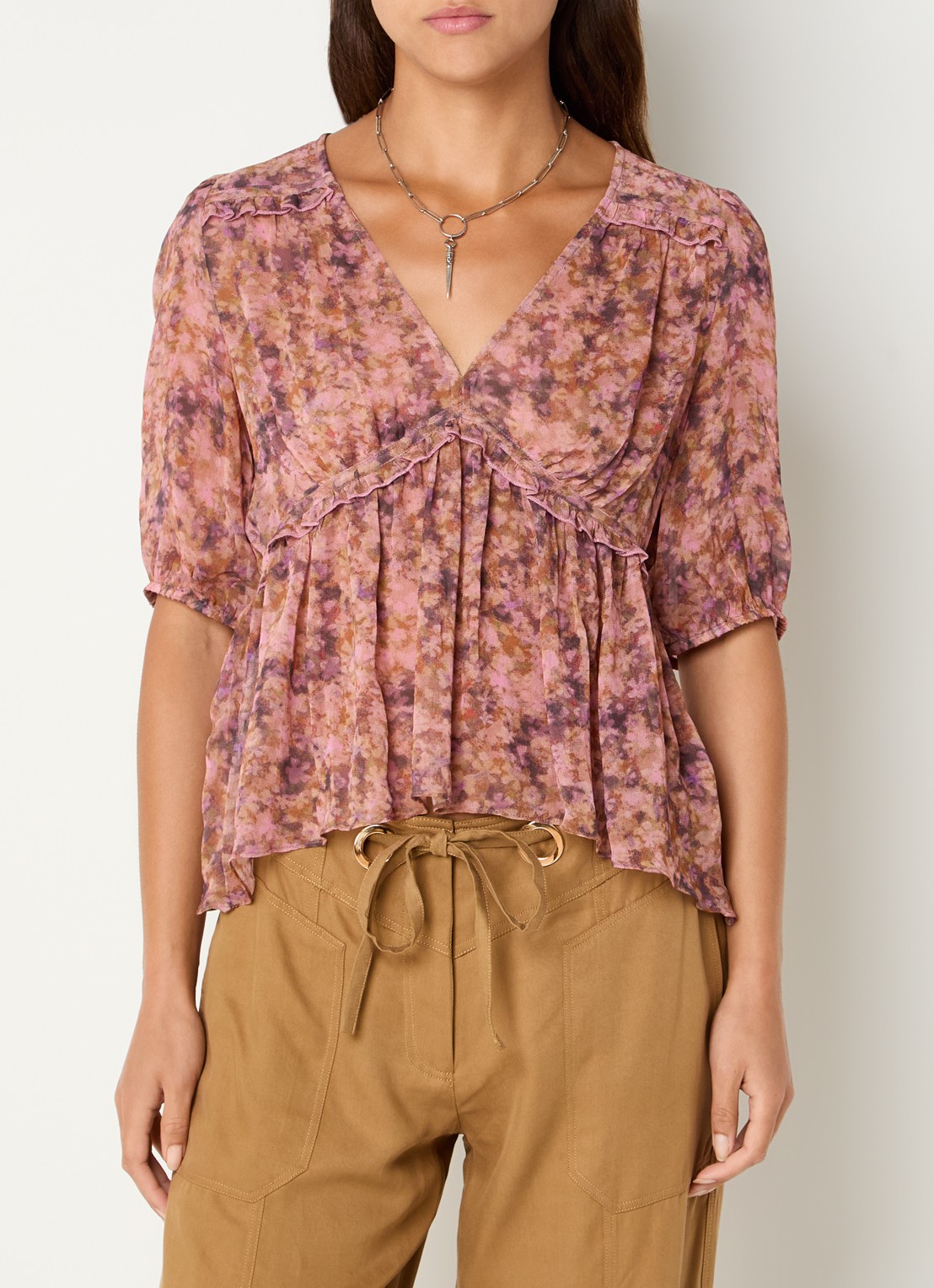 ba&sh Asya top met print en V-hals - detail 3 oudroze