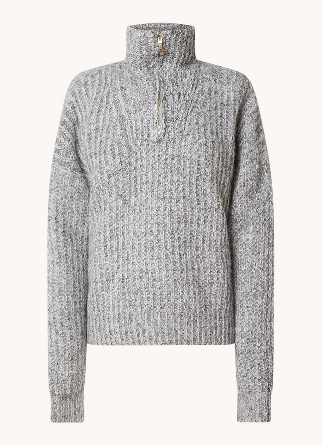 ba&sh Baltain grofgebreide trui in alpaca wolblend met halve rits - voorkant 4 grijsmele