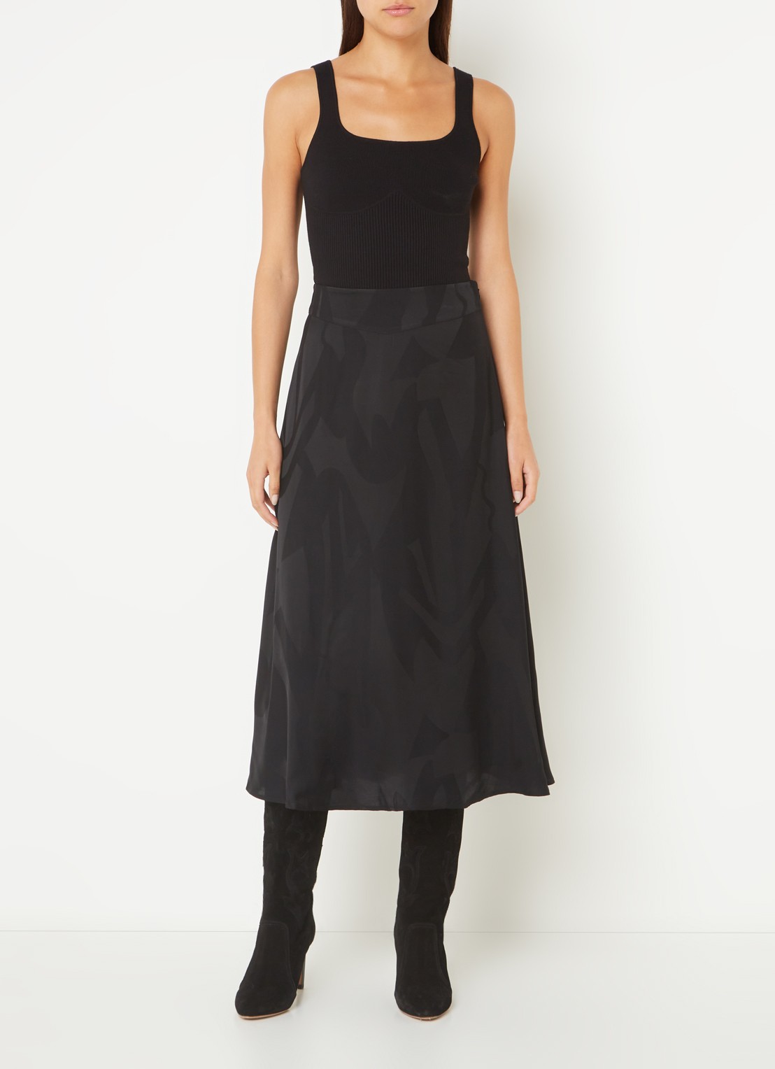 ba&sh Banessa midi rok van satijn met jacquard dessin - voorkant 2 zwart