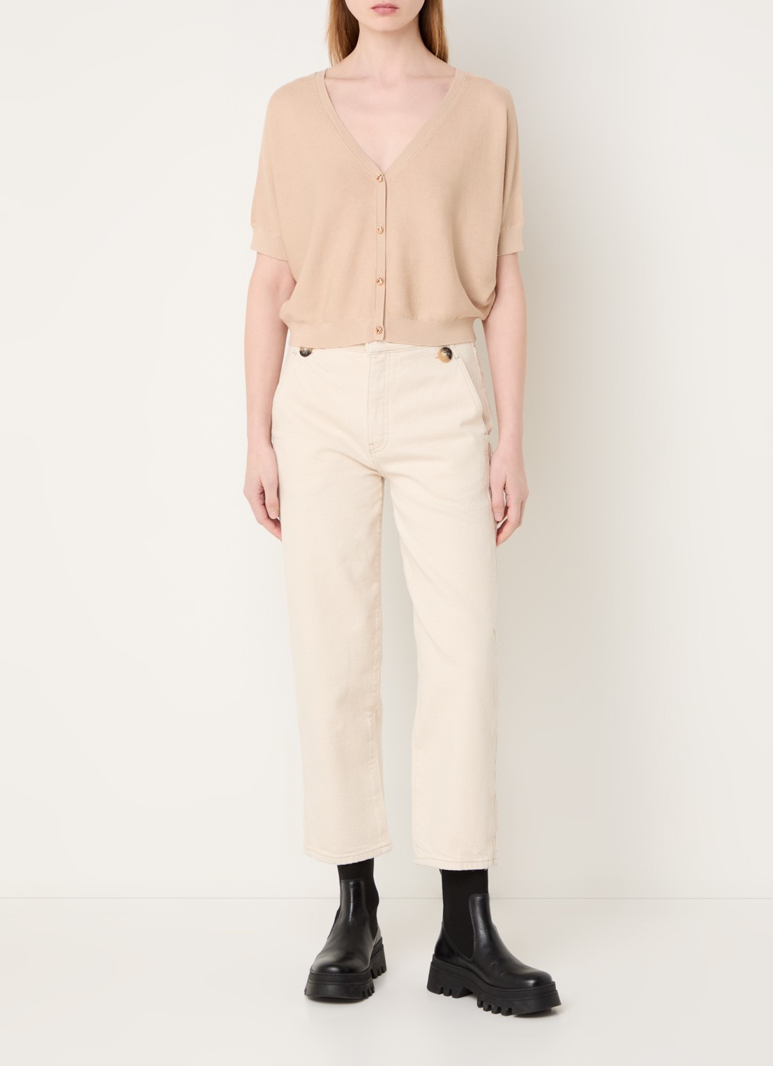 ba&sh Basem fijngebreid vest met V-hals - voorkant 4 beige