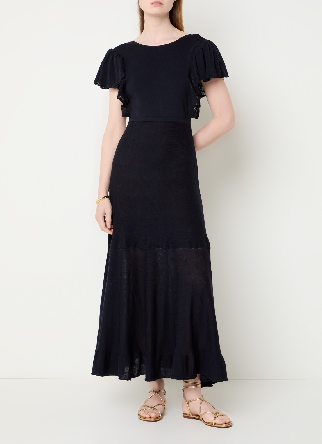 ba&sh Bautie fijngebreide maxi jurk met volant - detail 4 donkerblauw