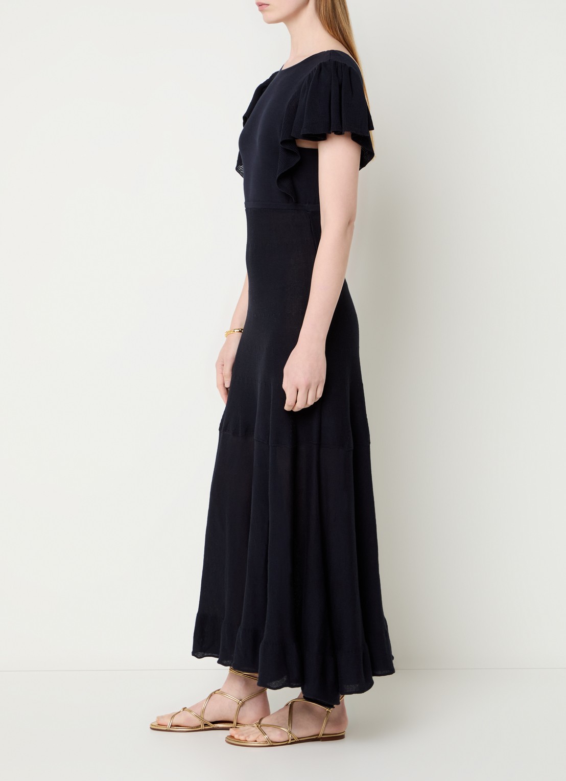 ba&sh Bautie fijngebreide maxi jurk met volant - voorkant 3 donkerblauw