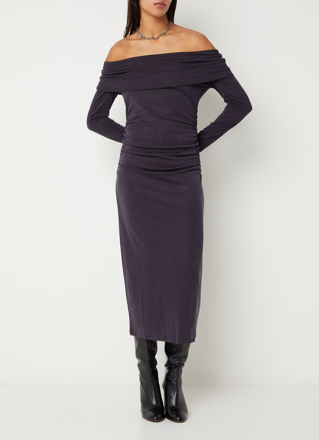 ba&sh Bettina ribgebreide off shoulder jurk  - detail 3 indigo