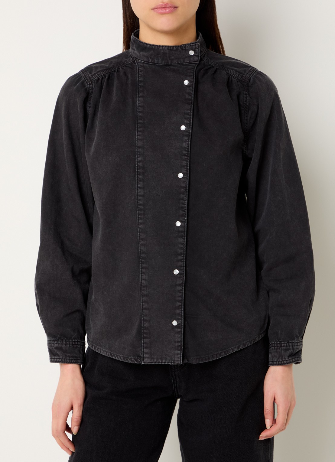 ba&sh Bilena blouse van chambray met opstaande kraag - detail 4 zwart