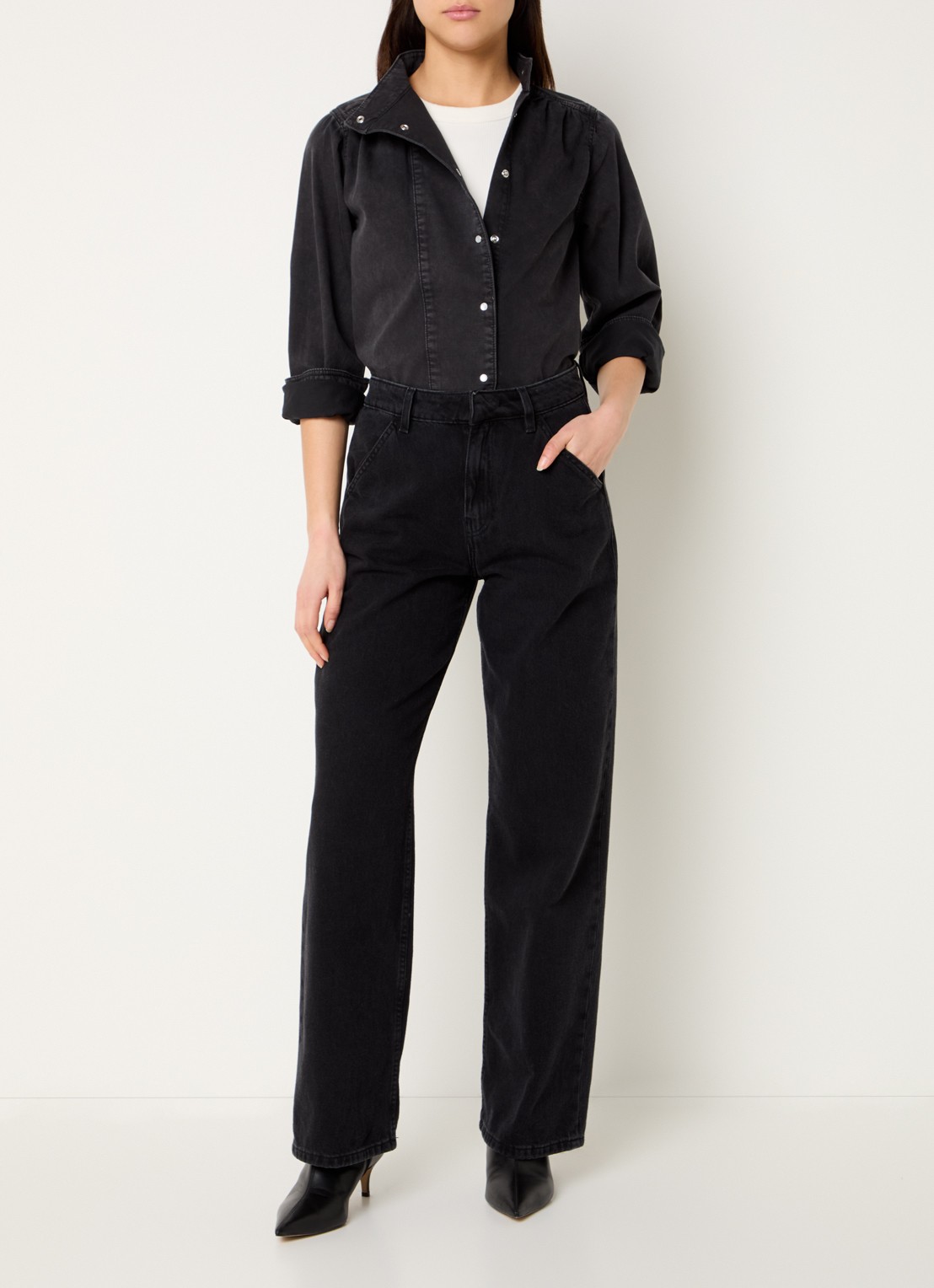 ba&sh Bilena blouse van chambray met opstaande kraag - voorkant 3 zwart