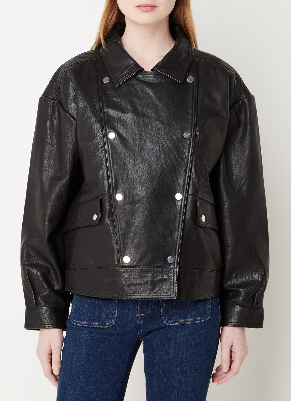 ba&sh Brad bikerjack van lamsleer met klepzakken - detail 4 zwart