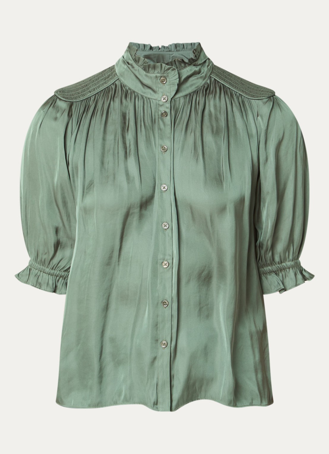 ba&sh Camila blouse van satijn met ballonmouw - voorkant 2 bronsgroen