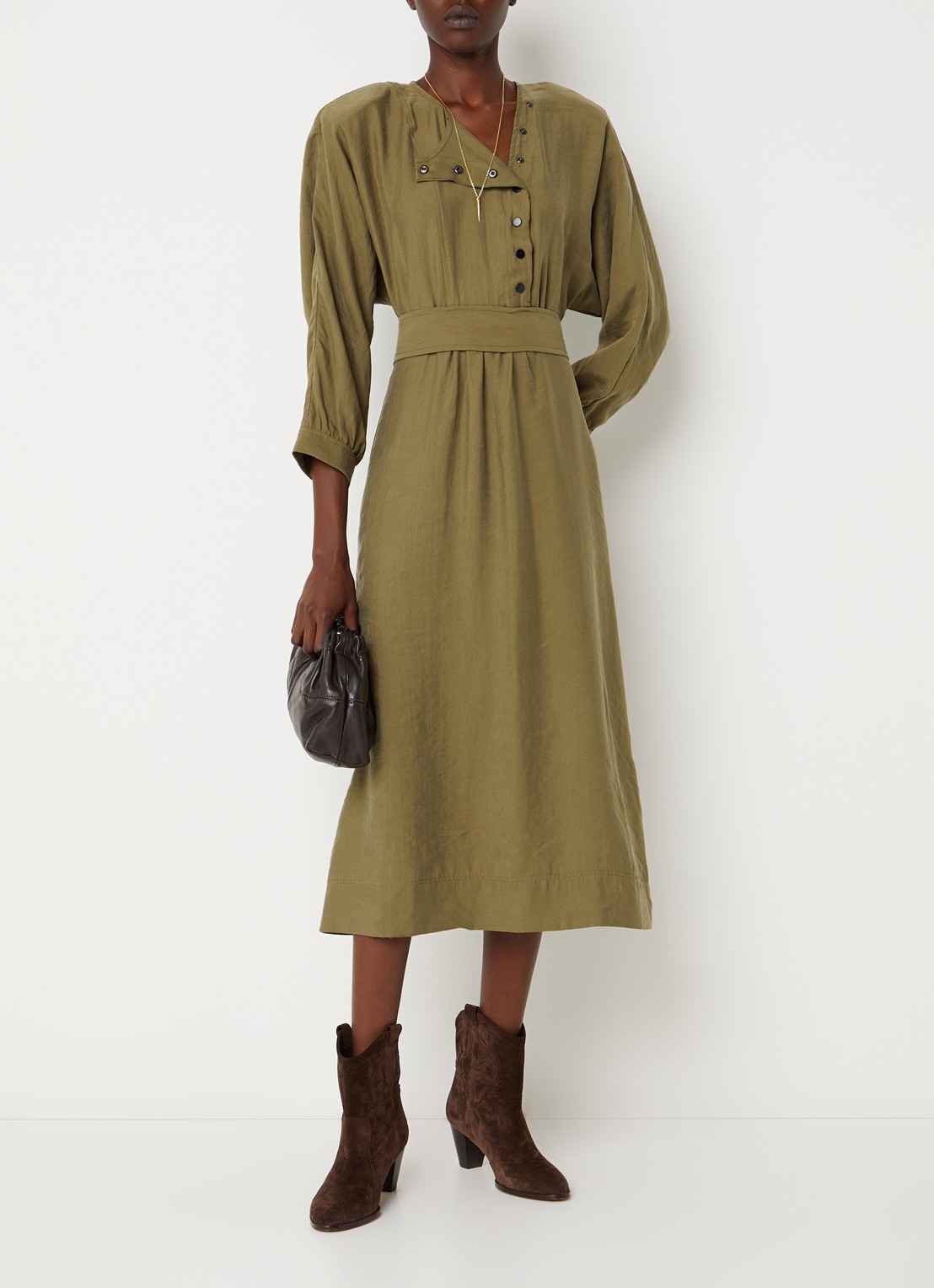 ba&sh Canny maxi tuniekjurk met ceintuur - detail mosgroen