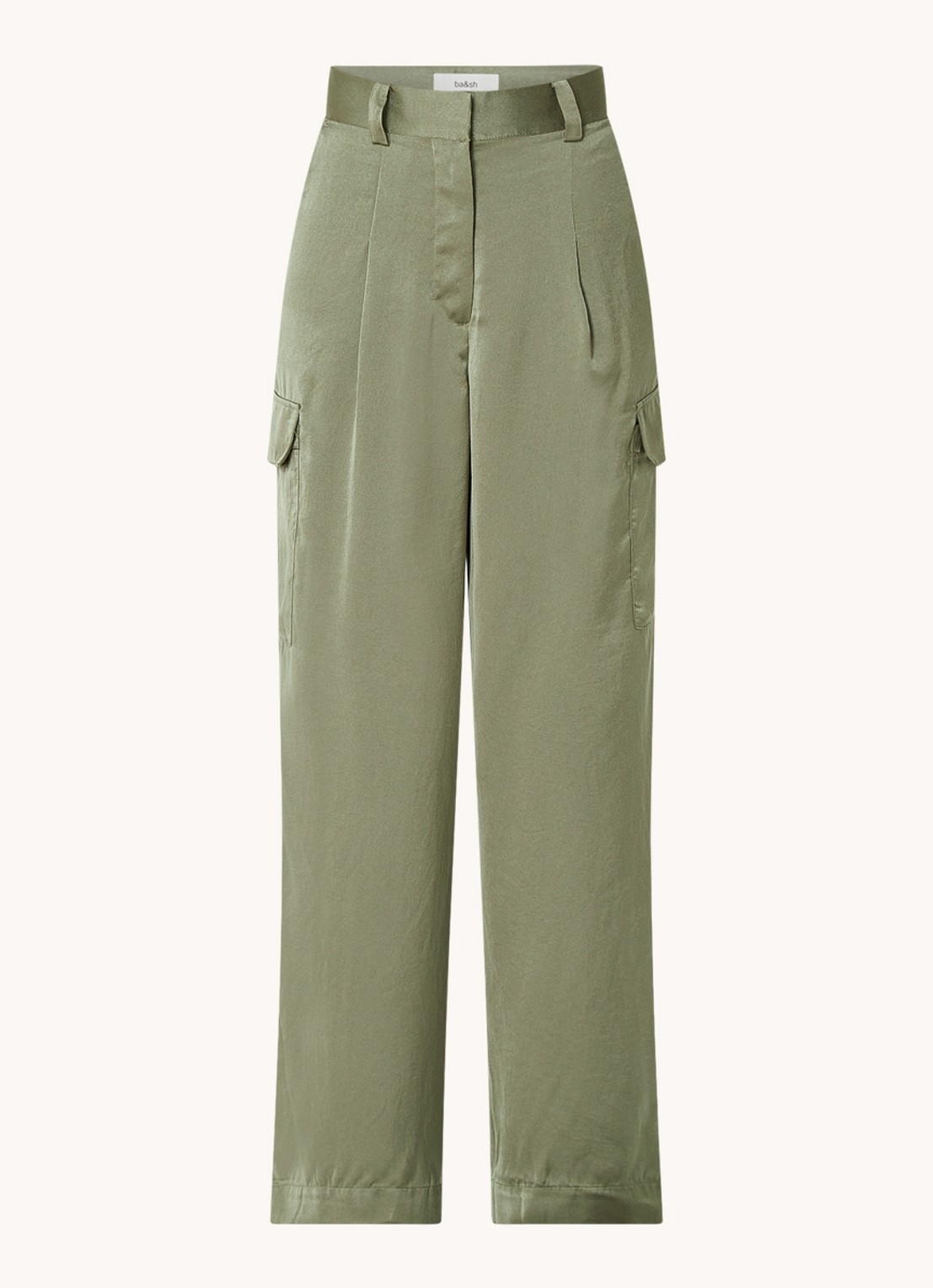 ba&sh Cary high waist loose fit broek van satijn met klepzakken - voorkant 3 bronsgroen