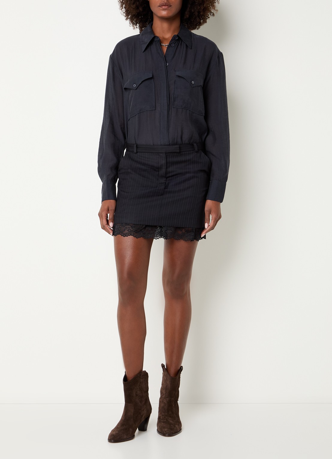 ba&sh Cassie mini rok in linnenblend met steekzakken - voorkant 3 zwart