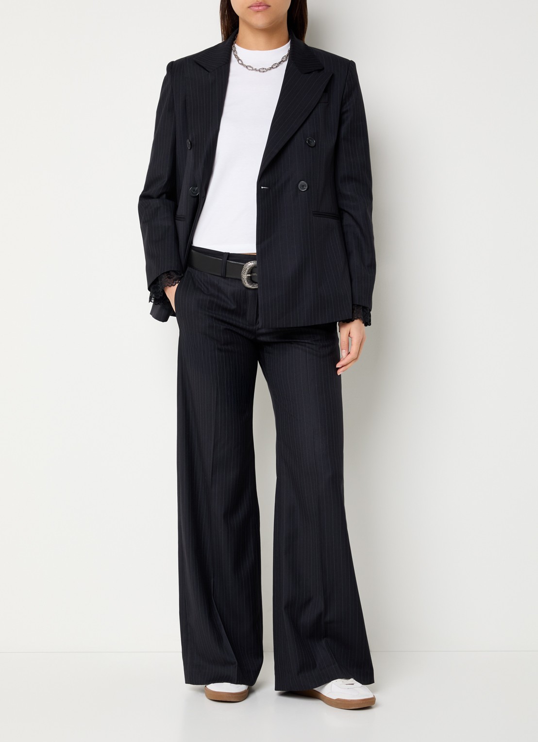 ba&sh Cely mid waist wide fit pantalon in wolblend met krijtstreep - voorkant 3 donkerblauw