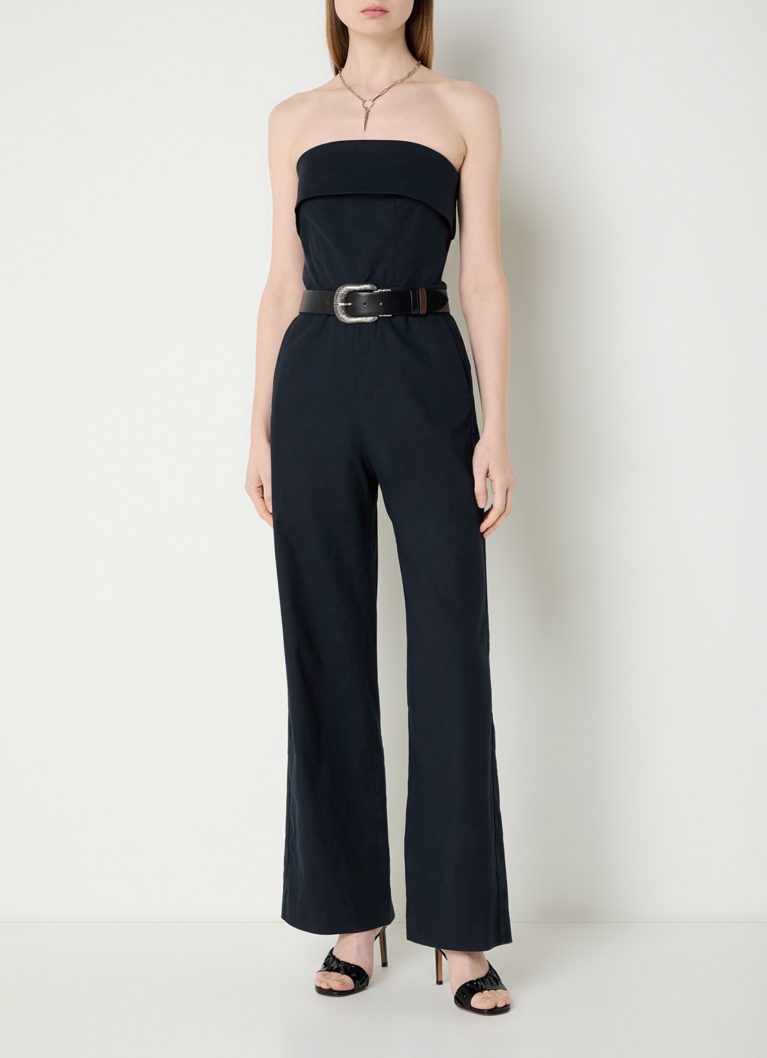 ba&sh Cenelia wide fit jumpsuit in linnenblend - detail donkerblauw