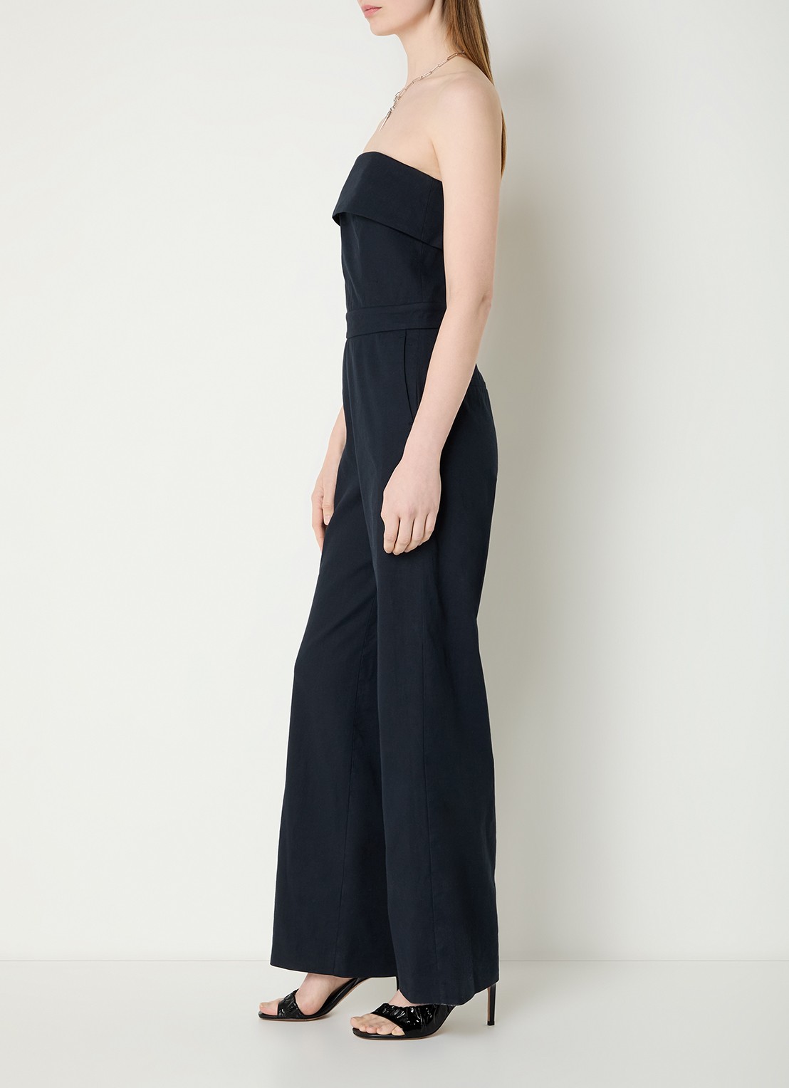 ba&sh Cenelia wide fit jumpsuit in linnenblend - voorkant 3 donkerblauw