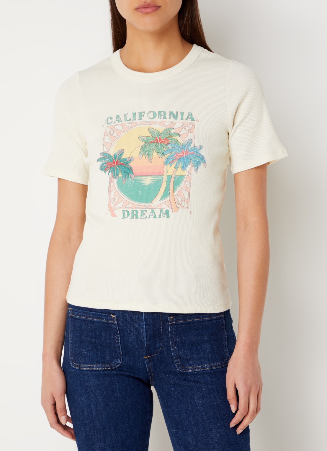 ba&sh Cerena T-shirt met ribstructuur en print - detail creme